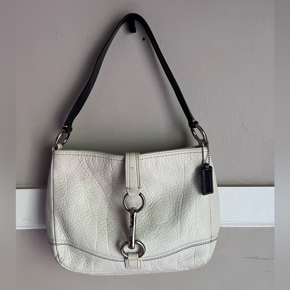 Coach White Leather Shoulder Bag with Black Strap and Silver Hardware - Picture 3 of 4